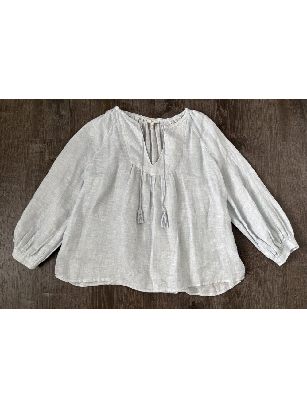 Joie Light Blue 100 % Linen Boho Peasant Blouse with Tassel XS